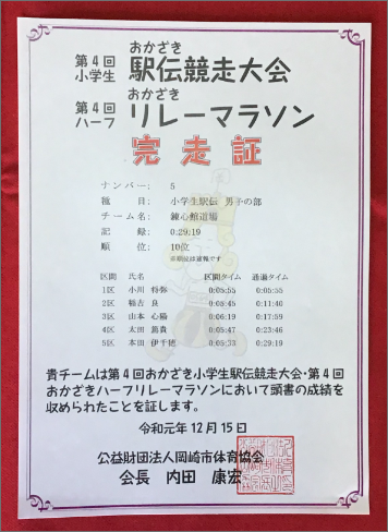 マラソンクラス令和元年完走証